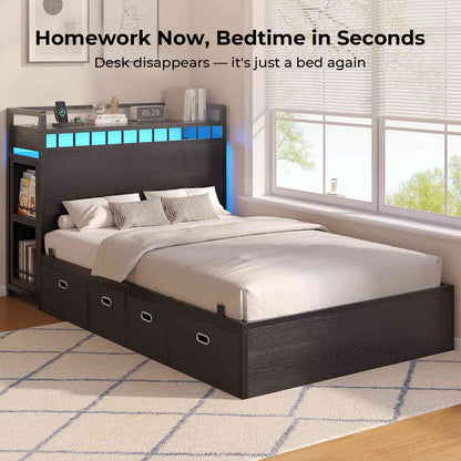 ADORNEVE Study Bed Frame Twin with Pull-Out Desk and Charging Station Platform Bed with 13.7" Widened Shelf Headboard and 2-Tier Bookrack LED Kids Bed with 4 Drawers