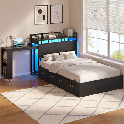 ADORNEVE Study Bed Frame Twin with Pull-Out Desk and Charging Station Platform Bed with 13.7" Widened Shelf Headboard and 2-Tier Bookrack LED Kids Bed with 4 Drawers
