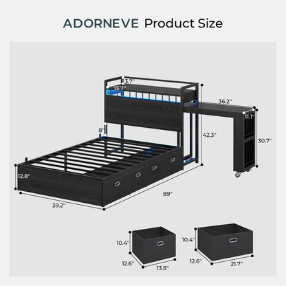 ADORNEVE Study Bed Frame Twin with Pull-Out Desk and Charging Station Platform Bed with 13.7" Widened Shelf Headboard and 2-Tier Bookrack LED Kids Bed with 4 Drawers