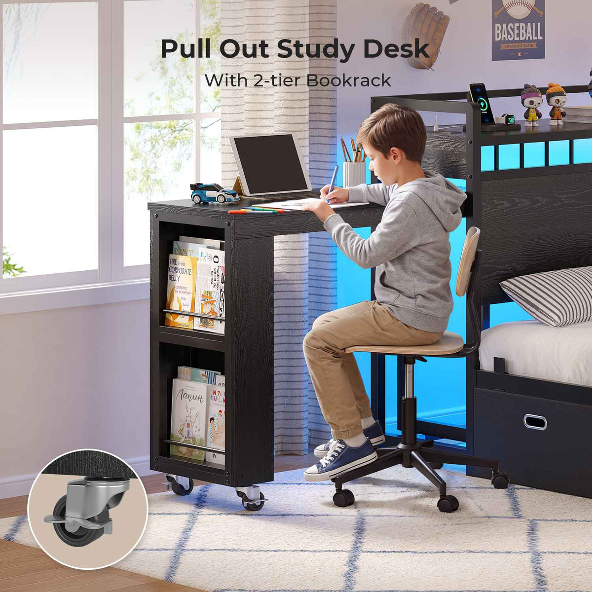 ADORNEVE Study Bed Frame Twin with Pull-Out Desk and Charging Station Platform Bed with 13.7" Widened Shelf Headboard and 2-Tier Bookrack LED Kids Bed with 4 Drawers