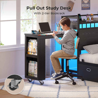ADORNEVE Study Bed Frame Twin with Pull-Out Desk and Charging Station Platform Bed with 13.7" Widened Shelf Headboard and 2-Tier Bookrack LED Kids Bed with 4 Drawers