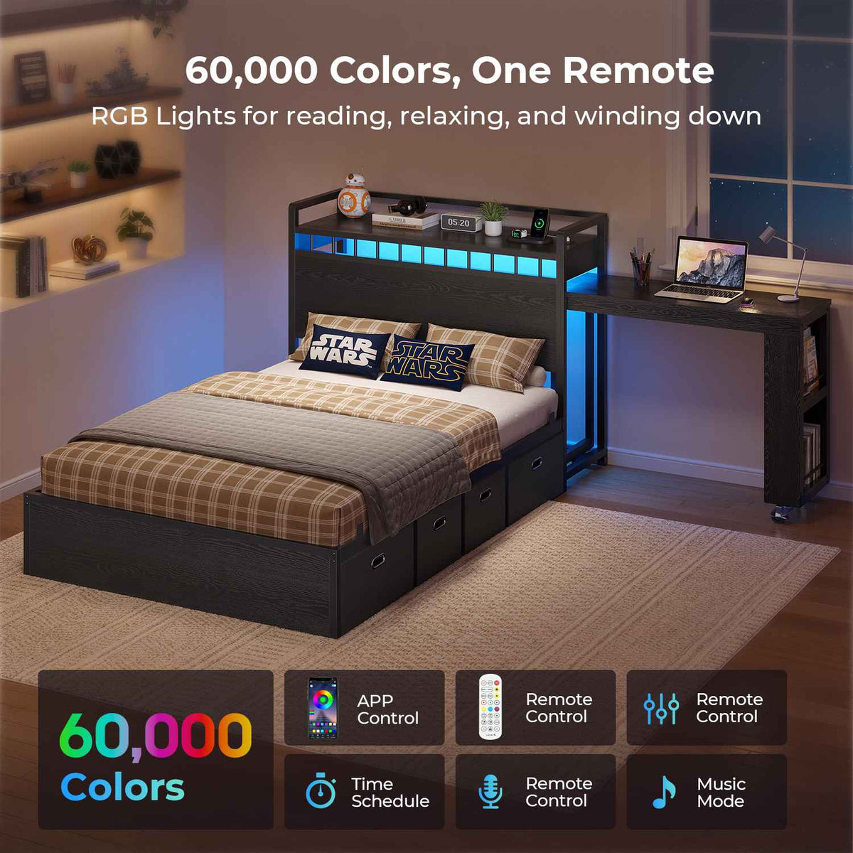 ADORNEVE Study Bed Frame Twin with Pull-Out Desk and Charging Station Platform Bed with 13.7" Widened Shelf Headboard and 2-Tier Bookrack LED Kids Bed with 4 Drawers