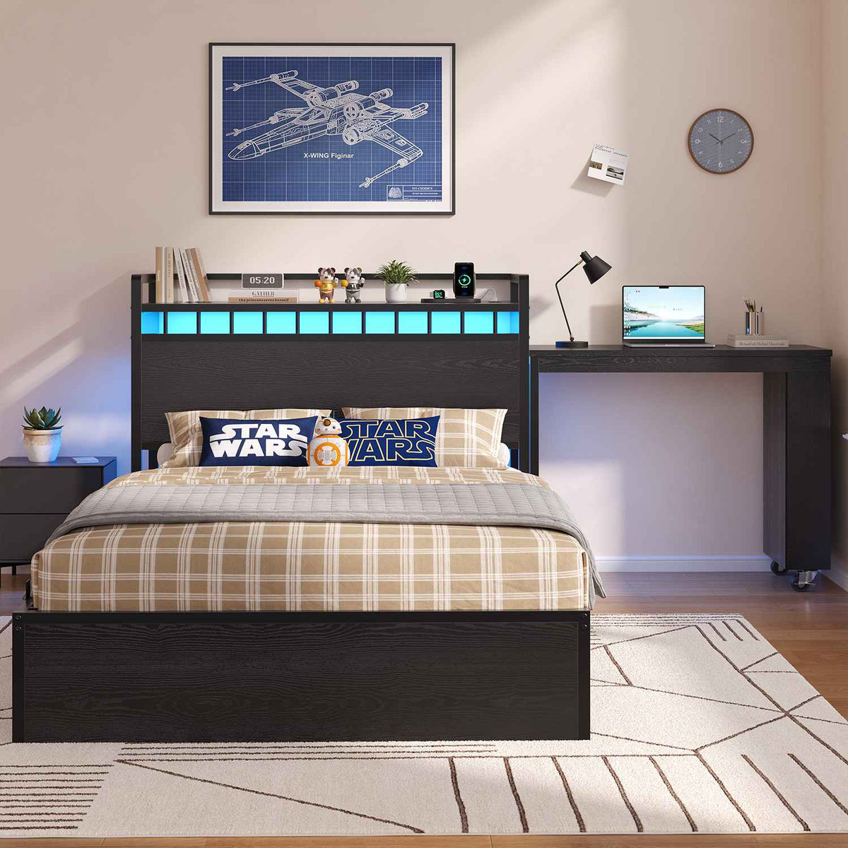 ADORNEVE Study Bed Frame Twin with Pull-Out Desk and Charging Station Platform Bed with 13.7" Widened Shelf Headboard and 2-Tier Bookrack LED Kids Bed with 4 Drawers