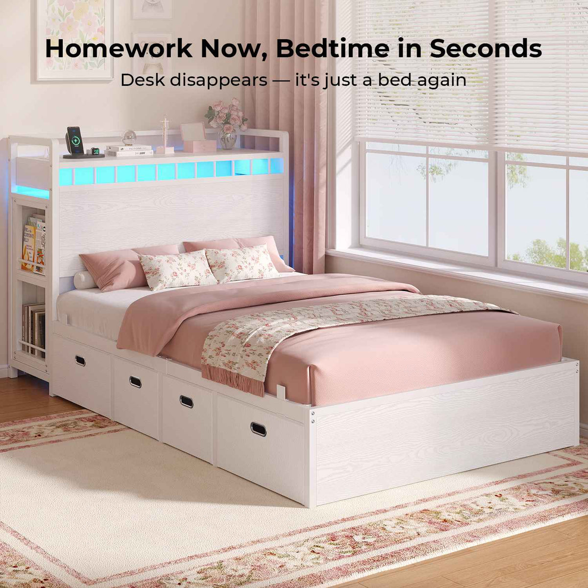 ADORNEVE Study Bed Frame Twin with Pull-Out Desk and Charging Station Platform Bed with 13.7" Widened Shelf Headboard and 2-Tier Bookrack LED Kids Bed with 4 Drawers