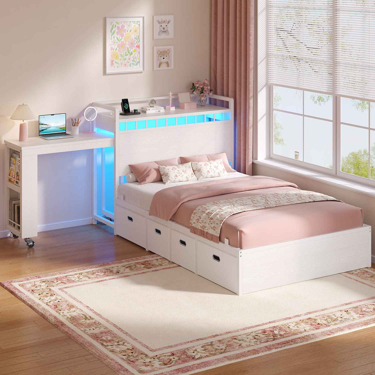 ADORNEVE Study Bed Frame Twin with Pull-Out Desk and Charging Station Platform Bed with 13.7" Widened Shelf Headboard and 2-Tier Bookrack LED Kids Bed with 4 Drawers