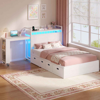 ADORNEVE Study Bed Frame Twin with Pull-Out Desk and Charging Station Platform Bed with 13.7" Widened Shelf Headboard and 2-Tier Bookrack LED Kids Bed with 4 Drawers