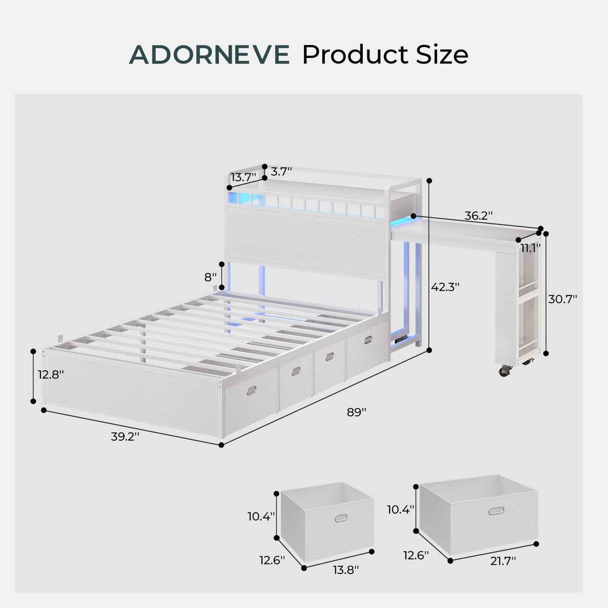 ADORNEVE Study Bed Frame Twin with Pull-Out Desk and Charging Station Platform Bed with 13.7" Widened Shelf Headboard and 2-Tier Bookrack LED Kids Bed with 4 Drawers