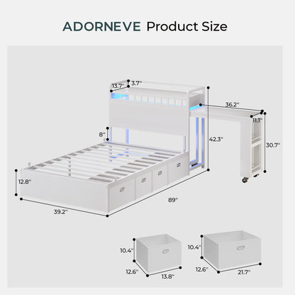 ADORNEVE Study Bed Frame Twin with Pull-Out Desk and Charging Station Platform Bed with 13.7" Widened Shelf Headboard and 2-Tier Bookrack LED Kids Bed with 4 Drawers