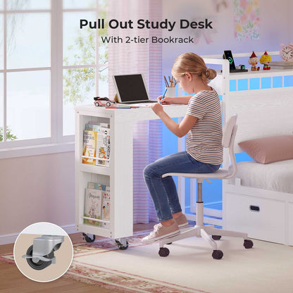ADORNEVE Study Bed Frame Twin with Pull-Out Desk and Charging Station Platform Bed with 13.7" Widened Shelf Headboard and 2-Tier Bookrack LED Kids Bed with 4 Drawers