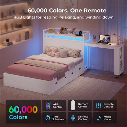 ADORNEVE Study Bed Frame Twin with Pull-Out Desk and Charging Station Platform Bed with 13.7" Widened Shelf Headboard and 2-Tier Bookrack LED Kids Bed with 4 Drawers