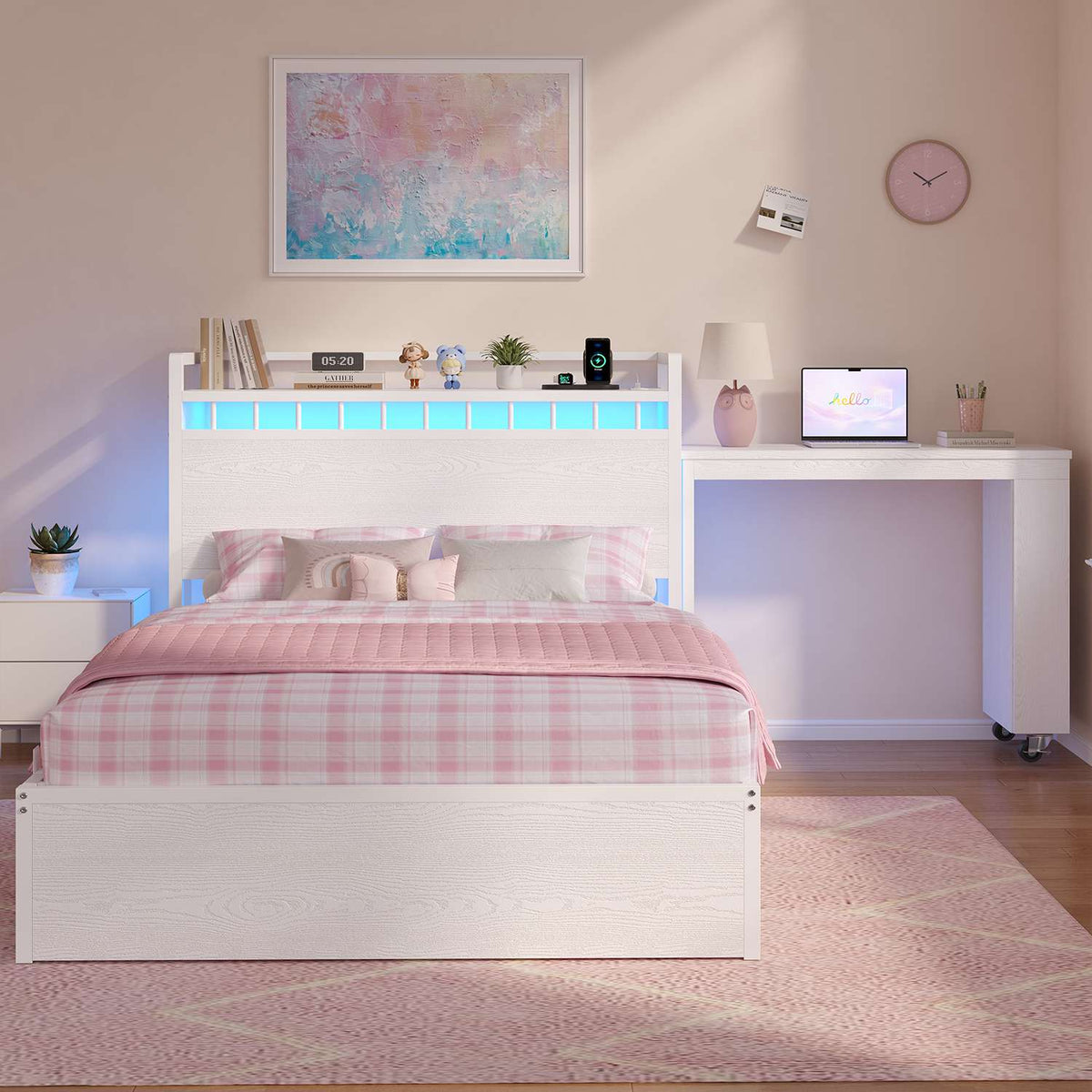 ADORNEVE Study Bed Frame Twin with Pull-Out Desk and Charging Station Platform Bed with 13.7" Widened Shelf Headboard and 2-Tier Bookrack LED Kids Bed with 4 Drawers