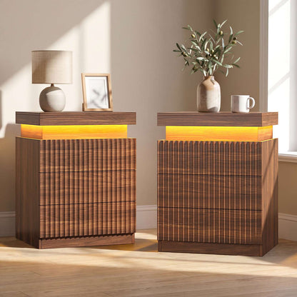 ADORNEVE Fluted Nightstand with Charging Station and LED Lights Mid-Century Modern Bedside Table with Sliding Top and 3 Drawers