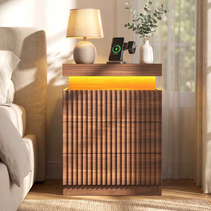 ADORNEVE Fluted Nightstand with Charging Station and LED Lights Mid-Century Modern Bedside Table with Sliding Top and 3 Drawers
