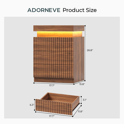 ADORNEVE Fluted Nightstand with Charging Station and LED Lights Mid-Century Modern Bedside Table with Sliding Top and 3 Drawers