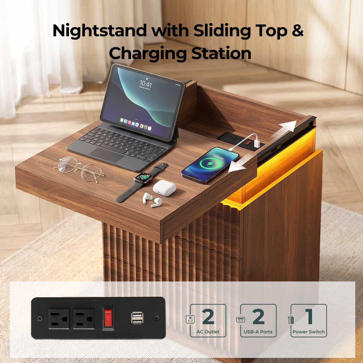 ADORNEVE Fluted Nightstand with Charging Station and LED Lights Mid-Century Modern Bedside Table with Sliding Top and 3 Drawers