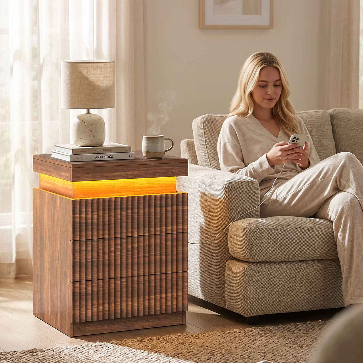 ADORNEVE Fluted Nightstand with Charging Station and LED Lights Mid-Century Modern Bedside Table with Sliding Top and 3 Drawers