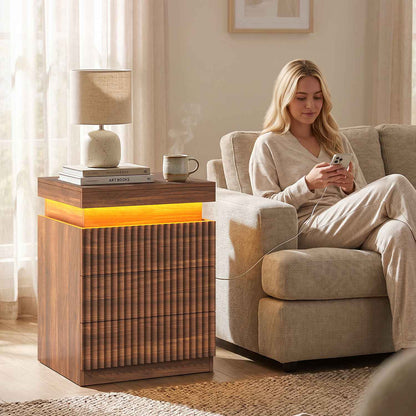ADORNEVE Fluted Nightstand with Charging Station and LED Lights Mid-Century Modern Bedside Table with Sliding Top and 3 Drawers