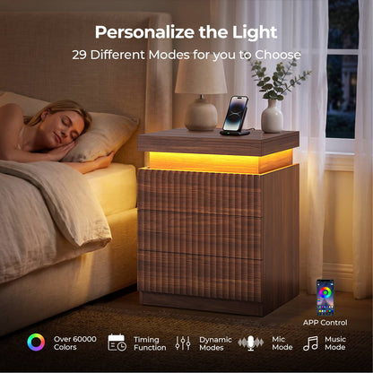 ADORNEVE Fluted Nightstand with Charging Station and LED Lights Mid-Century Modern Bedside Table with Sliding Top and 3 Drawers