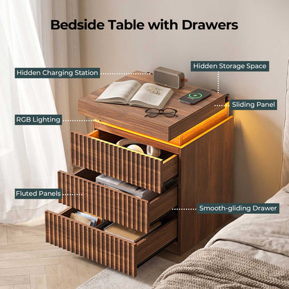 ADORNEVE Fluted Nightstand with Charging Station and LED Lights Mid-Century Modern Bedside Table with Sliding Top and 3 Drawers