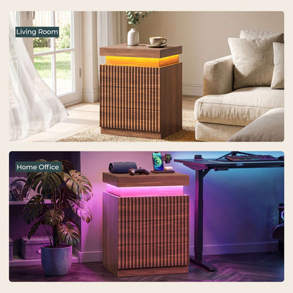 ADORNEVE Fluted Nightstand with Charging Station and LED Lights Mid-Century Modern Bedside Table with Sliding Top and 3 Drawers