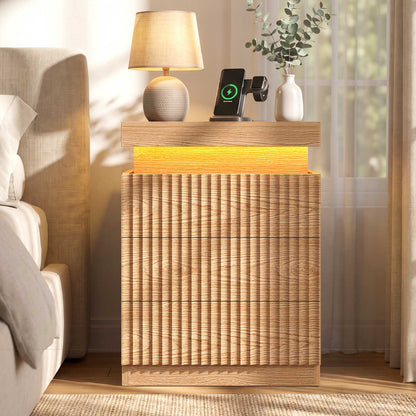 ADORNEVE Fluted Nightstand with Charging Station and LED Lights Mid-Century Modern Bedside Table with Sliding Top and 3 Drawers