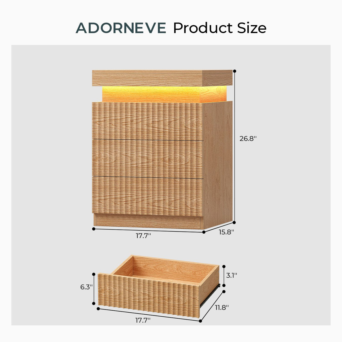 ADORNEVE Fluted Nightstand with Charging Station and LED Lights Mid-Century Modern Bedside Table with Sliding Top and 3 Drawers