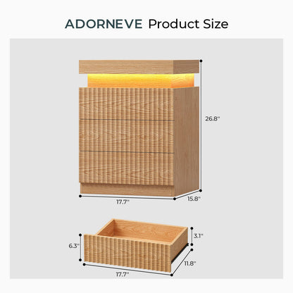 ADORNEVE Fluted Nightstand with Charging Station and LED Lights Mid-Century Modern Bedside Table with Sliding Top and 3 Drawers