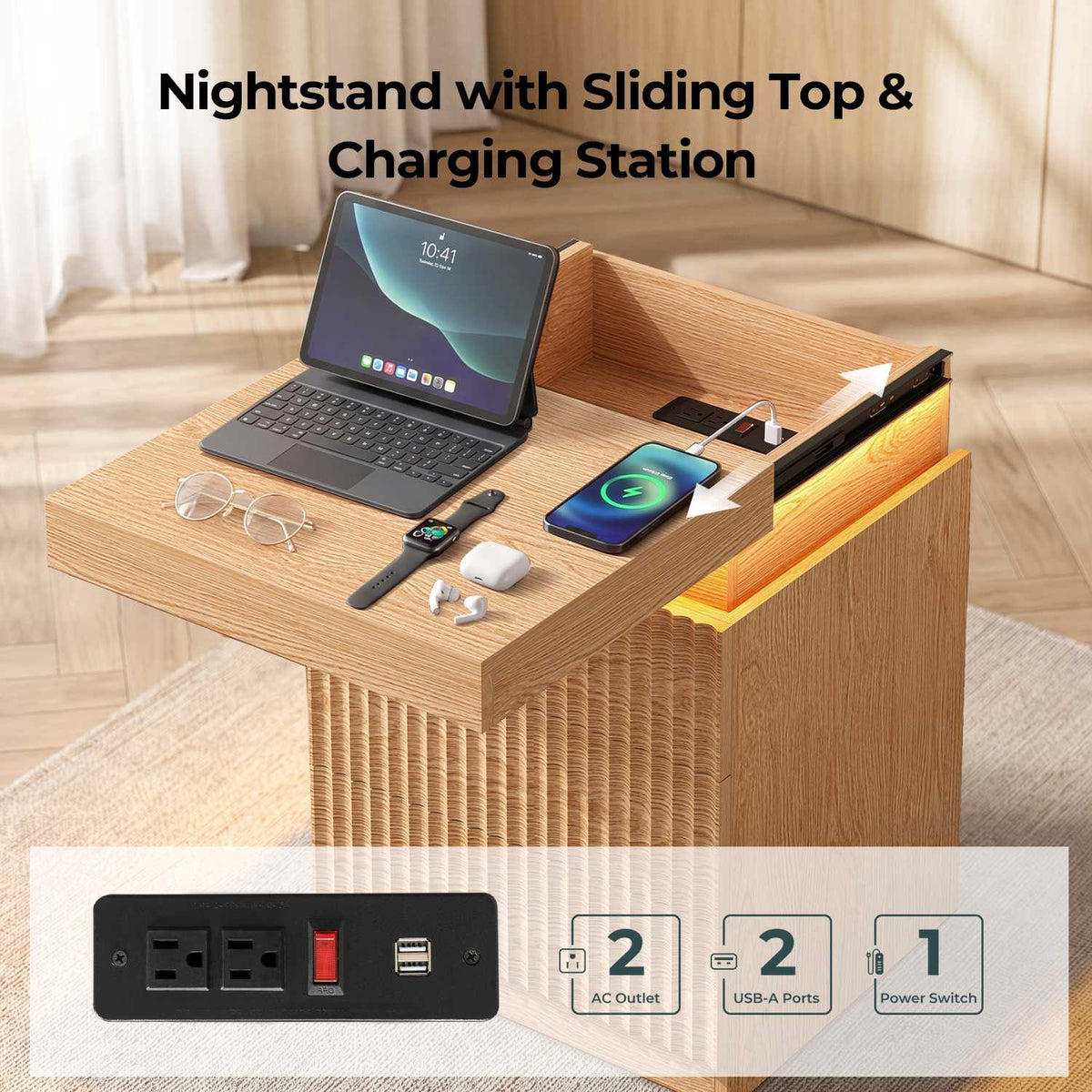 ADORNEVE Fluted Nightstand with Charging Station and LED Lights Mid-Century Modern Bedside Table with Sliding Top and 3 Drawers