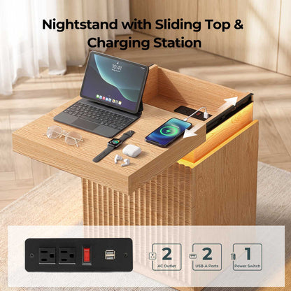 ADORNEVE Fluted Nightstand with Charging Station and LED Lights Mid-Century Modern Bedside Table with Sliding Top and 3 Drawers