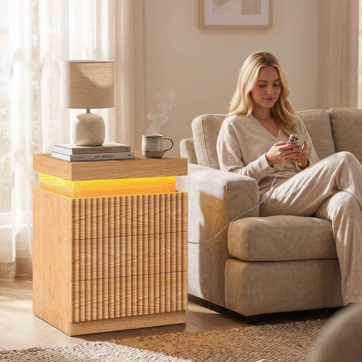 ADORNEVE Fluted Nightstand with Charging Station and LED Lights Mid-Century Modern Bedside Table with Sliding Top and 3 Drawers