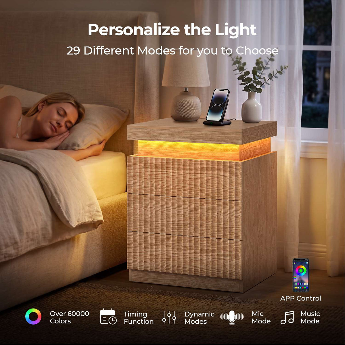 ADORNEVE Fluted Nightstand with Charging Station and LED Lights Mid-Century Modern Bedside Table with Sliding Top and 3 Drawers