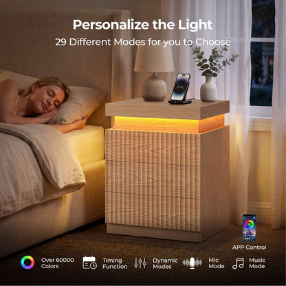 ADORNEVE Fluted Nightstand with Charging Station and LED Lights Mid-Century Modern Bedside Table with Sliding Top and 3 Drawers