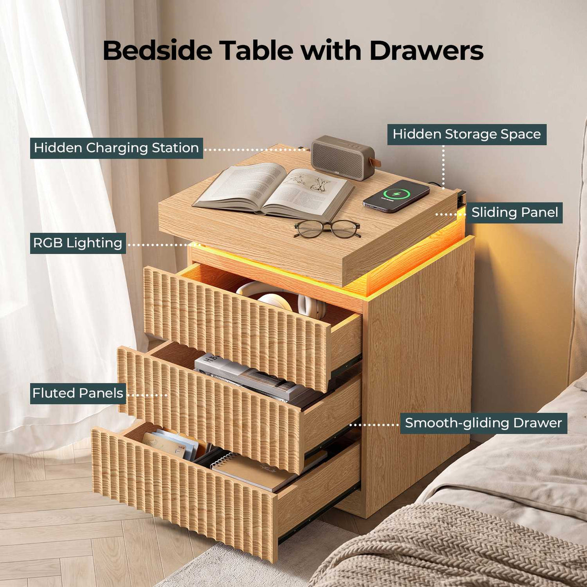 ADORNEVE Fluted Nightstand with Charging Station and LED Lights Mid-Century Modern Bedside Table with Sliding Top and 3 Drawers