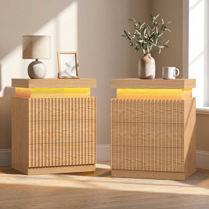 ADORNEVE Fluted Nightstand with Charging Station and LED Lights Mid-Century Modern Bedside Table with Sliding Top and 3 Drawers