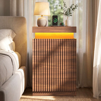 ADORNEVE Fluted Night Stand with 4 Drawers and LED Lights Mid-Century Bedside Table with Charging Station and Sliding Top