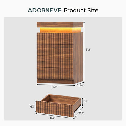 ADORNEVE Fluted Night Stand with 4 Drawers and LED Lights Mid-Century Bedside Table with Charging Station and Sliding Top
