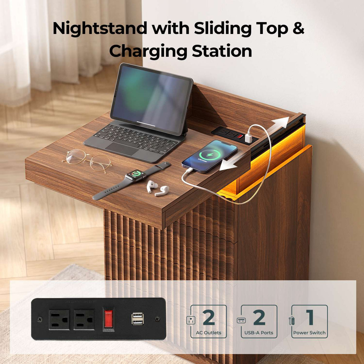 ADORNEVE Fluted Night Stand with 4 Drawers and LED Lights Mid-Century Bedside Table with Charging Station and Sliding Top