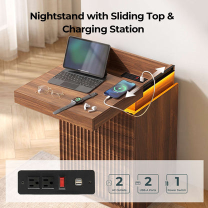 ADORNEVE Fluted Night Stand with 4 Drawers and LED Lights Mid-Century Bedside Table with Charging Station and Sliding Top