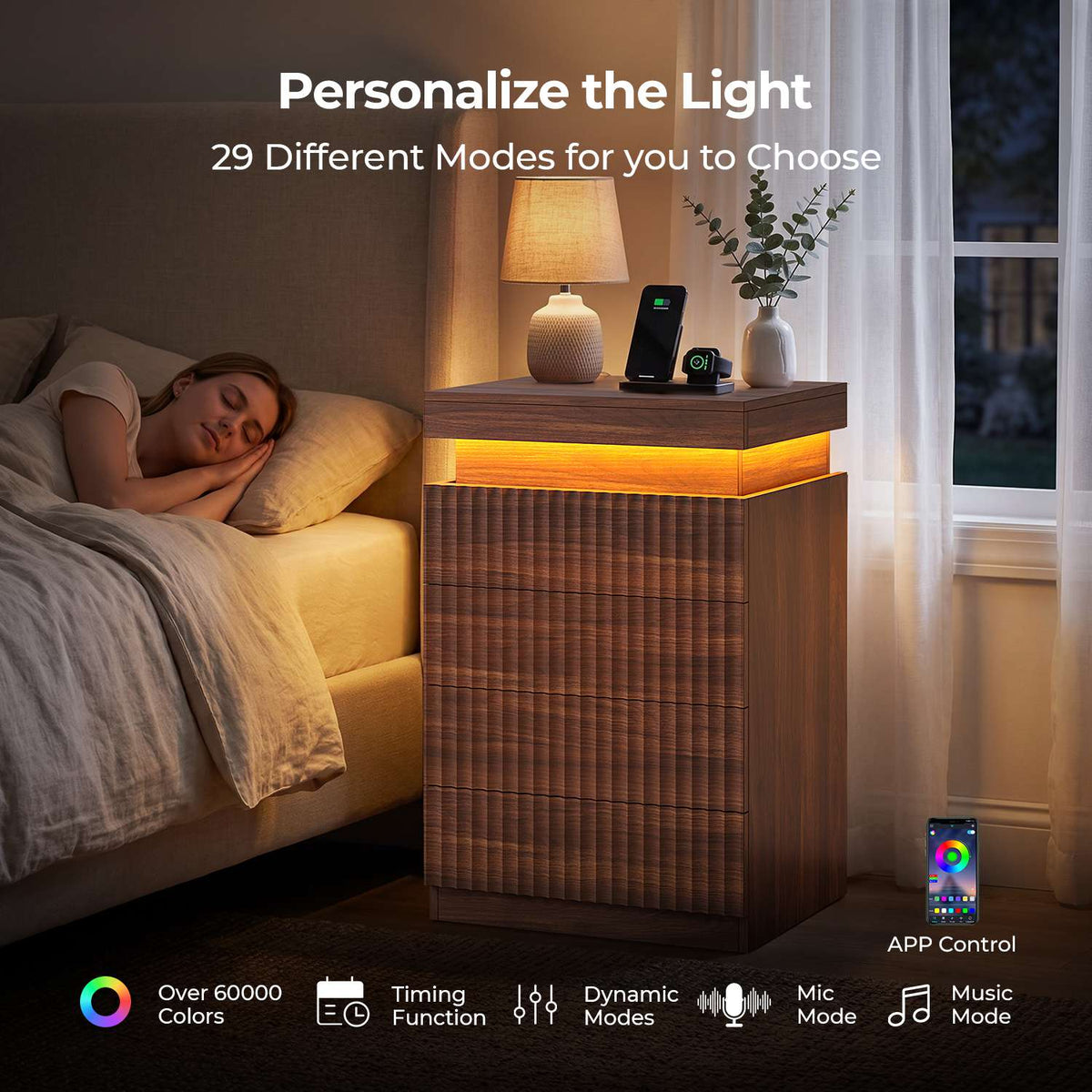 ADORNEVE Fluted Night Stand with 4 Drawers and LED Lights Mid-Century Bedside Table with Charging Station and Sliding Top