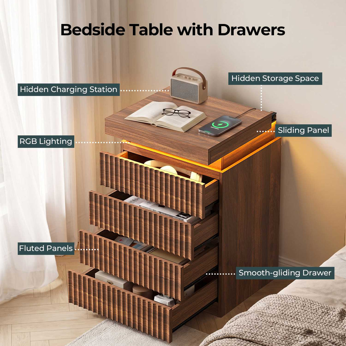 ADORNEVE Fluted Night Stand with 4 Drawers and LED Lights Mid-Century Bedside Table with Charging Station and Sliding Top