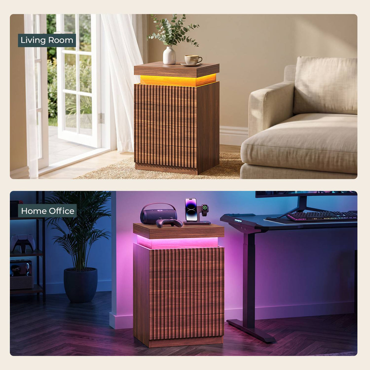ADORNEVE Fluted Night Stand with 4 Drawers and LED Lights Mid-Century Bedside Table with Charging Station and Sliding Top