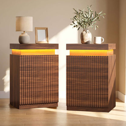 ADORNEVE Fluted Night Stand with 4 Drawers and LED Lights Mid-Century Bedside Table with Charging Station and Sliding Top