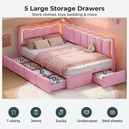 ADORNEVE Velvet Corner Bed Frame Twin size with Storage and 5 Drawers
