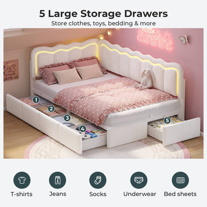 ADORNEVE Velvet Corner Bed Frame Twin size with Storage and 5 Drawers