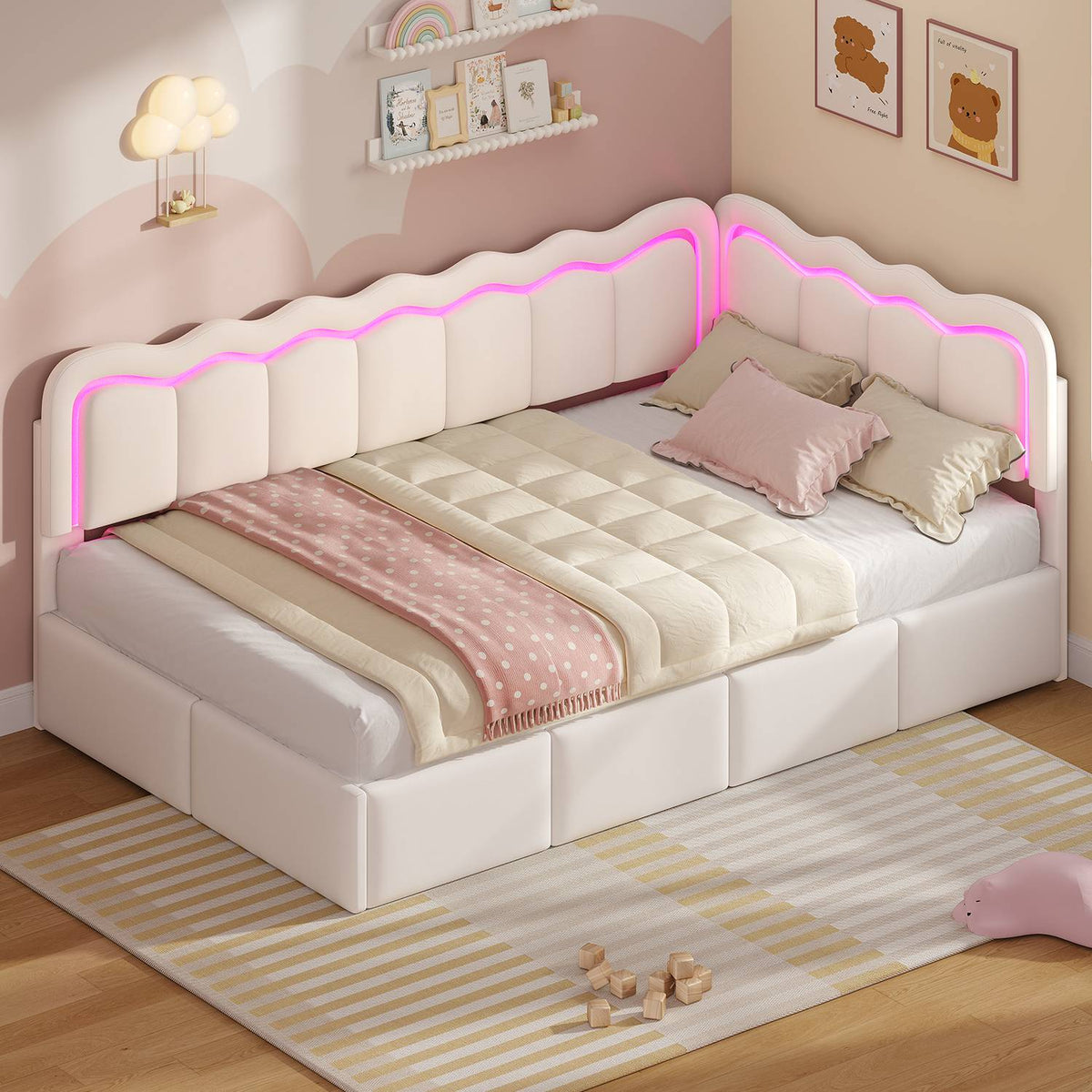 ADORNEVE Velvet Corner Bed Frame Twin size with Storage and 5 Drawers