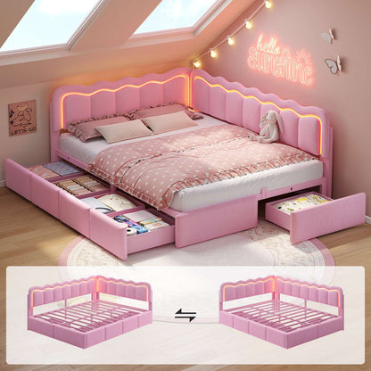 ADORNEVE Velvet Corner Bed Frame Full Size with Storage and 5 Drawers