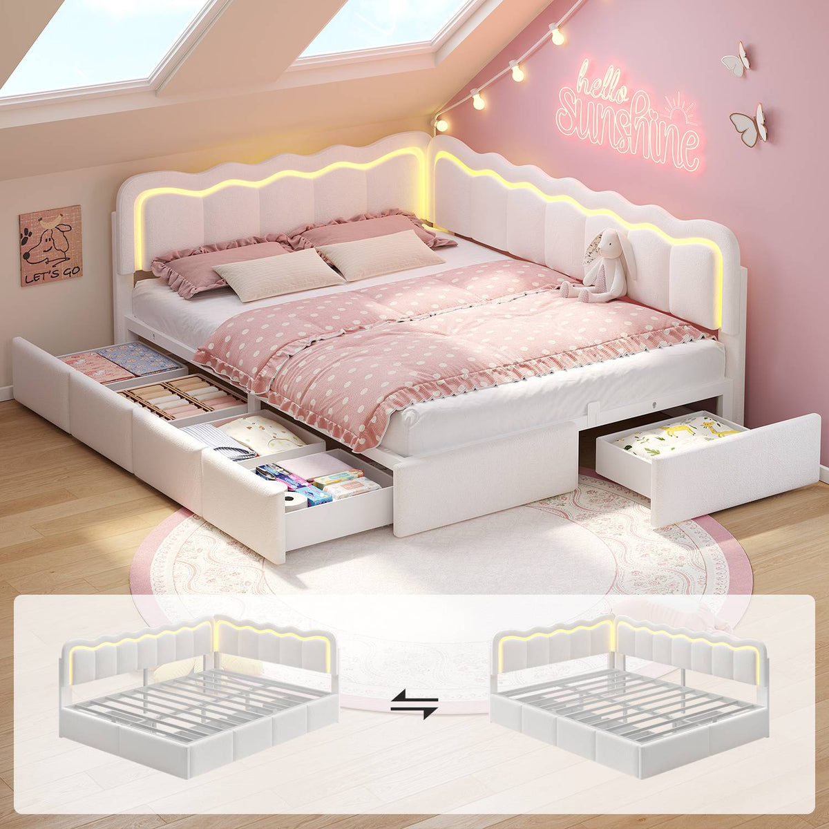 ADORNEVE Velvet Corner Bed Frame Full Size with Storage and 5 Drawers