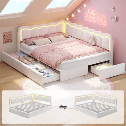 ADORNEVE Velvet Corner Bed Frame Full Size with Storage and 5 Drawers