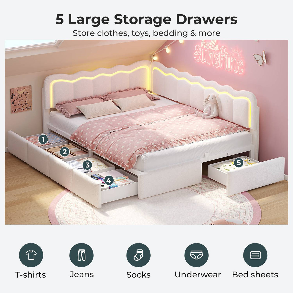 ADORNEVE Velvet Corner Bed Frame Full Size with Storage and 5 Drawers