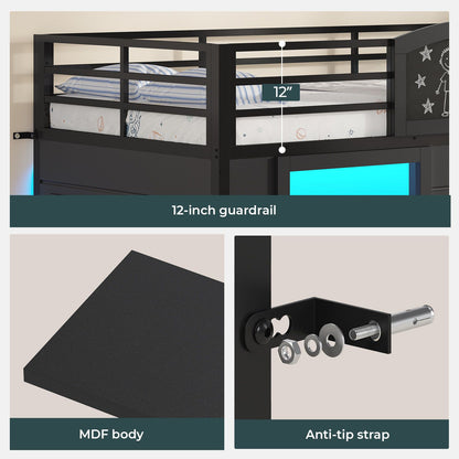 ADORNEVE Wooden Low Loft Bed Twin Size with 3 Drawers and Storage Cabinet LED Kids Loft Bed with Angled Ladder and Chalkboard Under-Bed Play Space